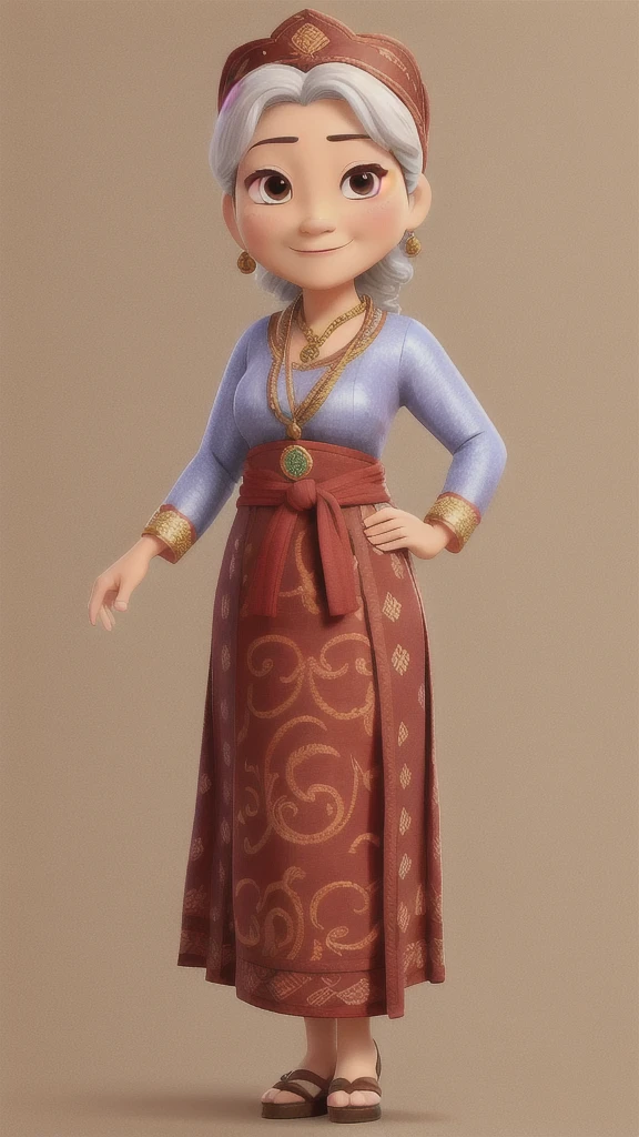 Draw a middle-aged female character in traditional Javanese clothing in cartoon style