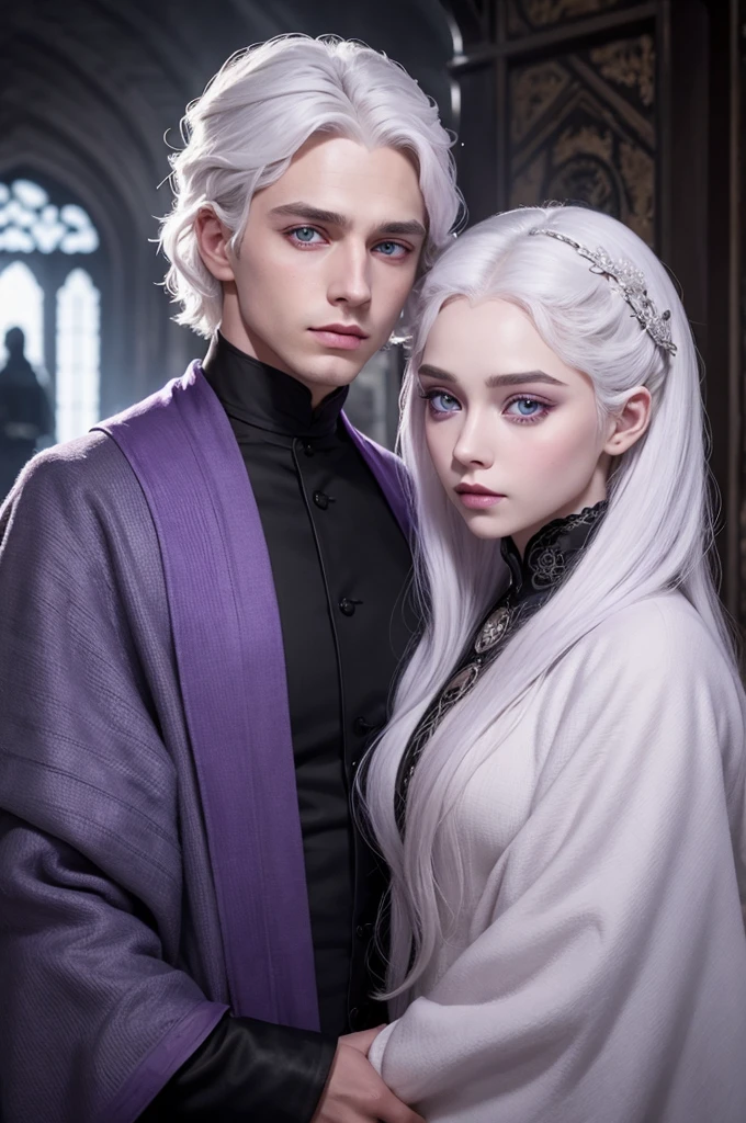 Violet eyes man, White hair, Targaryen Features, with a commoner's outfit