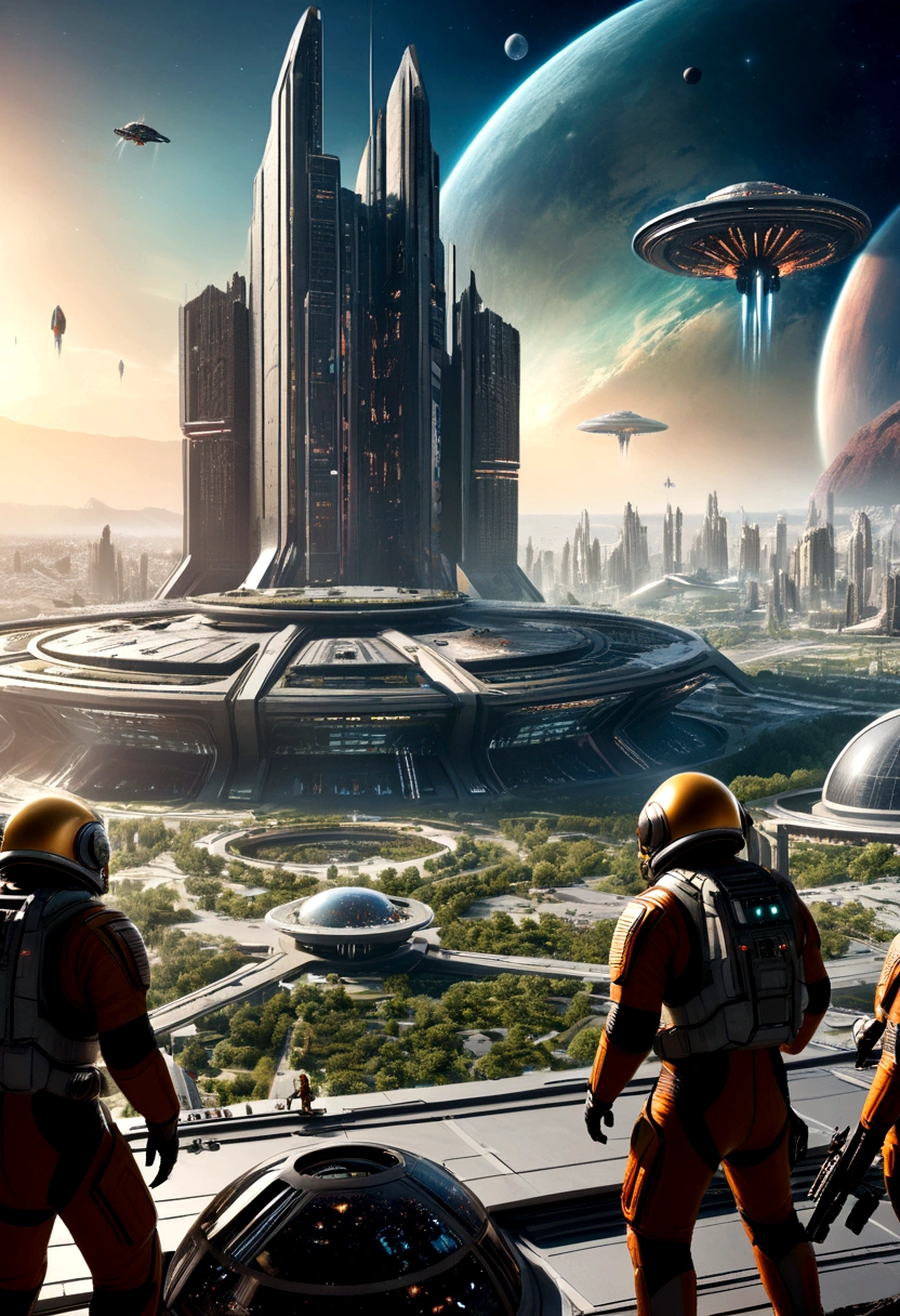 (Space War), sci-fi style, elite teams are guarding legendary relics in a harsh planetary environment. The relics under the starry sky shine brightly, and enemy details are visible. The background is a low-pressure planet surface, (panoramic view), award-winning, cinematic still, emotional, vignette, dynamic, vivid, (masterpiece, best quality, Professional, perfect composition, very aesthetic, absurdres, ultra-detailed, intricate details:1.3)