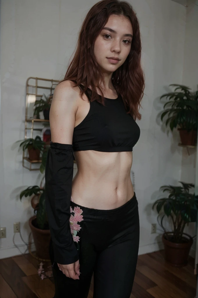 taking a photo in his room, selfie for instagram, wearing black leggings, fitted top