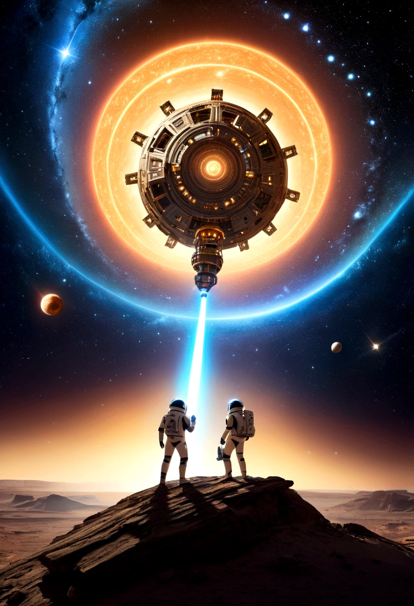 (Space War), sci-fi style, a metallic spacecraft is passing through a wormhole, with unknown galaxies shining in the distance. Enemy ships are still chasing behind, with stars and wormholes in the background, (panoramic view), award-winning, cinematic still, emotional, vignette, dynamic, vivid, (masterpiece, best quality, Professional, perfect composition, very aesthetic, absurdres, ultra-detailed, intricate details:1.3)