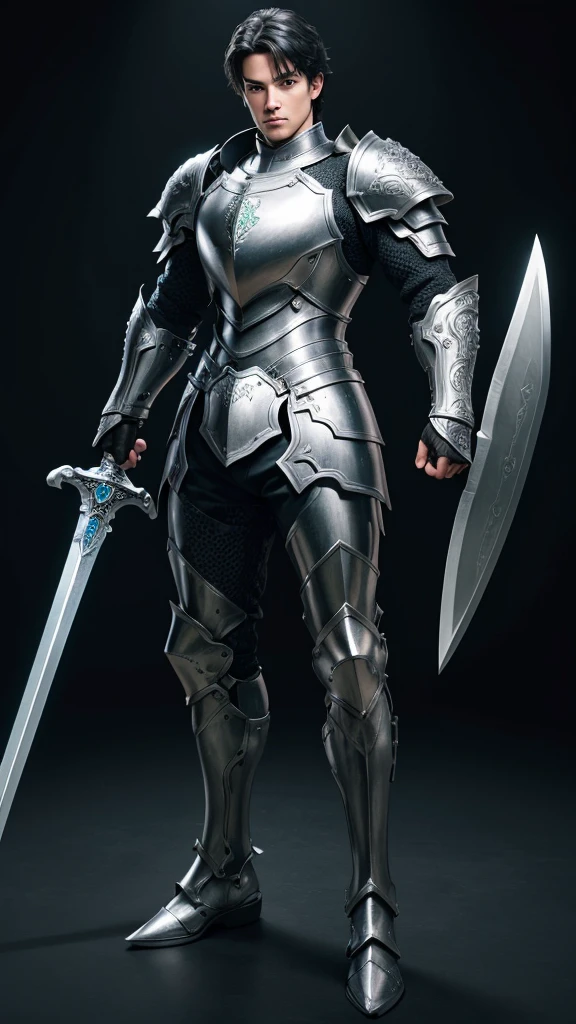 (((best quality))), (((ultra-detailed))), masterpiece, 8k, HD quality, add Details, 1boy, armor, full body armor, silver+green armor, black hair, blue eyes, shoulder pads, big sword (weapon), masterpiece, best quality, highres, looking at viewer, full body, wide view,long shoot, standing, extremely detailed armor, intricate details, ultraquality, black background.
