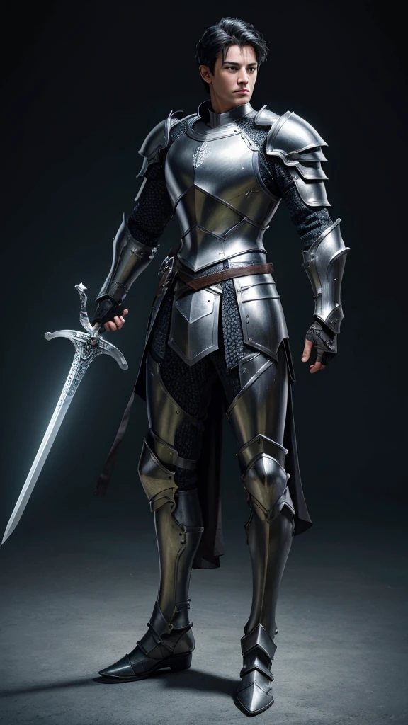 (((best quality))), (((ultra-detailed))), masterpiece, 8k, HD quality, add Details, 1boy, armor, full body armor, silver+green armor, black hair, blue eyes, shoulder pads, big sword (weapon), masterpiece, best quality,  highres, looking at viewer, full body, wide view,long shoot, standing, extremely detailed armor, intricate details, ultraquality, black background.