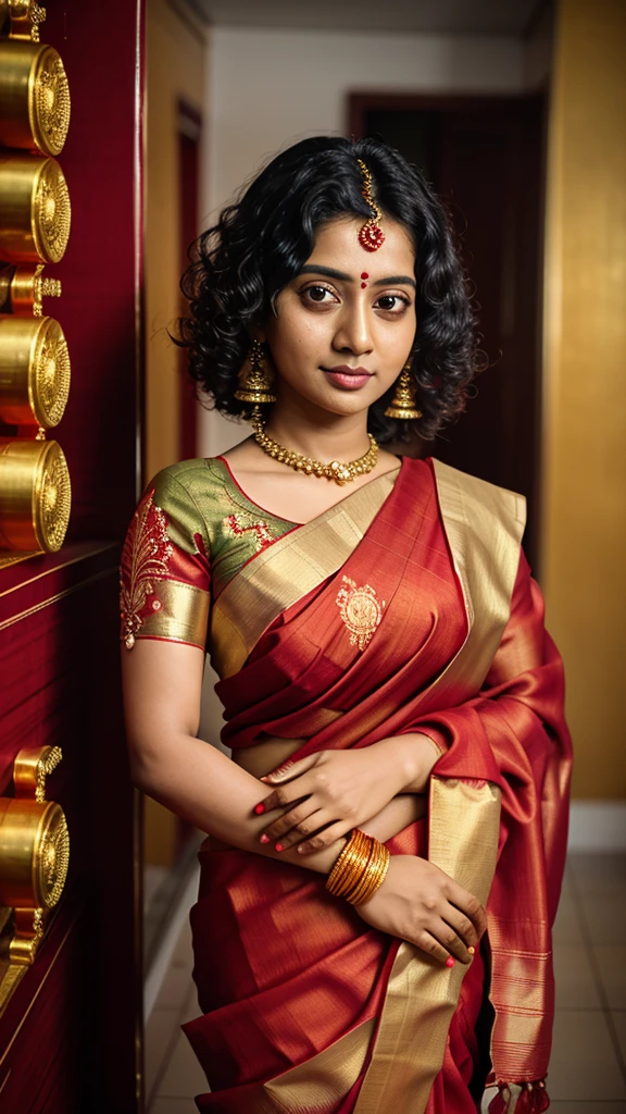Bengali woman, 30, solo, goddess, beautiful, 8K, ultra-high quality, sharp focus. Wearing a vibrant red silk saree with gold embroidery, her hair is styled in elegant curls. She has a smooth, white complexion and is making eye contact with the camera.