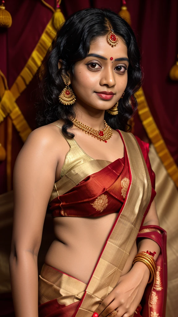 Bengali woman, 30, solo, goddess, beautiful, 8K, ultra-high quality, sharp focus. Wearing a vibrant red silk saree with gold embroidery, her hair is styled in elegant curls. She has a smooth, white complexion and is making eye contact with the camera.

