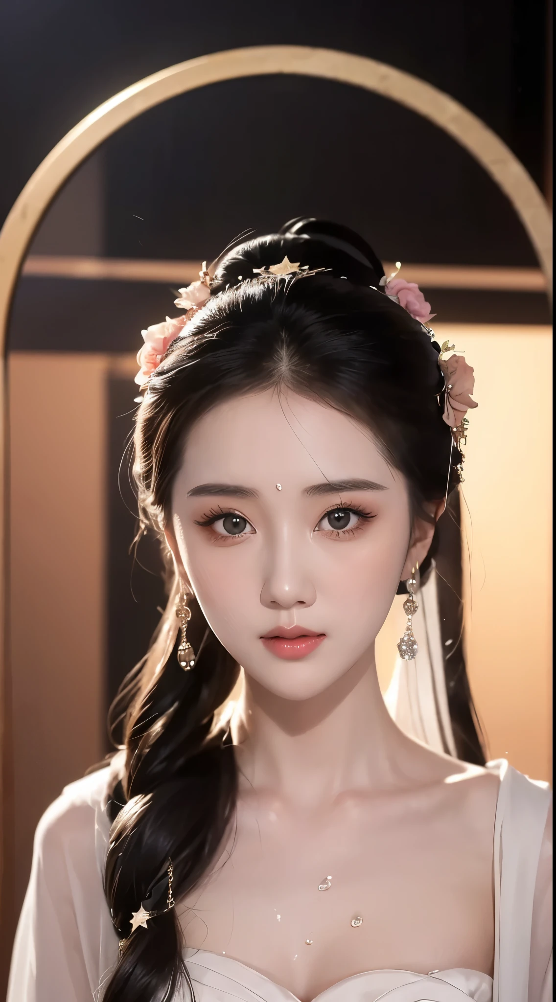 1 20-year-old girl, The flawless face of the goddess Athena, Beautifully 饰有许多性感的黑色蕾丝细节, Legend of the Female Saint, Beautiful goddess style glitter, Dark Mystery Version, Beautifully and beautiful pino detailing, Beautifully and beautiful lip detail, (Pure and flawless face: 1.9), Round chest, big, Round chest, Beautiful clear face and well-proportioned eyes, (Transparent eyes: 1.8), (bigbig的圆眼睛和浓妆, Sexy wet eye makeup, Very beautiful and exquisite hair and makeup, long and Beautifully blonde hair, Beautifully, Body Image: 1.8), vivid, (Stars in the sky: 1.7), (The sky and the illusory time and space gate: 1.8), Fictional Art, original photo, hanfu photos, Best photos, high resolution, best quality, Best photos, Best goddess quality, 8K female, Super 8 Single Saint Portrait, The most realistic color scheme, masterpiece, Best Beauty Brands, The best hair accessory, Live-action photos of the brand, Dark Studio, Border Light, Two-color lighting, (Rose White Skin: 1.4), (High Skin Detail: 1.1), 8k ultra high definition, SLR camera, Soft lighting, 8K, high quality, Honesty, Volume is smooth and sharp, 10 times more pixels, Sexy goddess, Sexy goddess背景空间: 1.8), (最美的aurora眼: 1.7), beautiful eyes, aurora(aurora)Beautiful single girl: 1.8), (More detail:0.8),