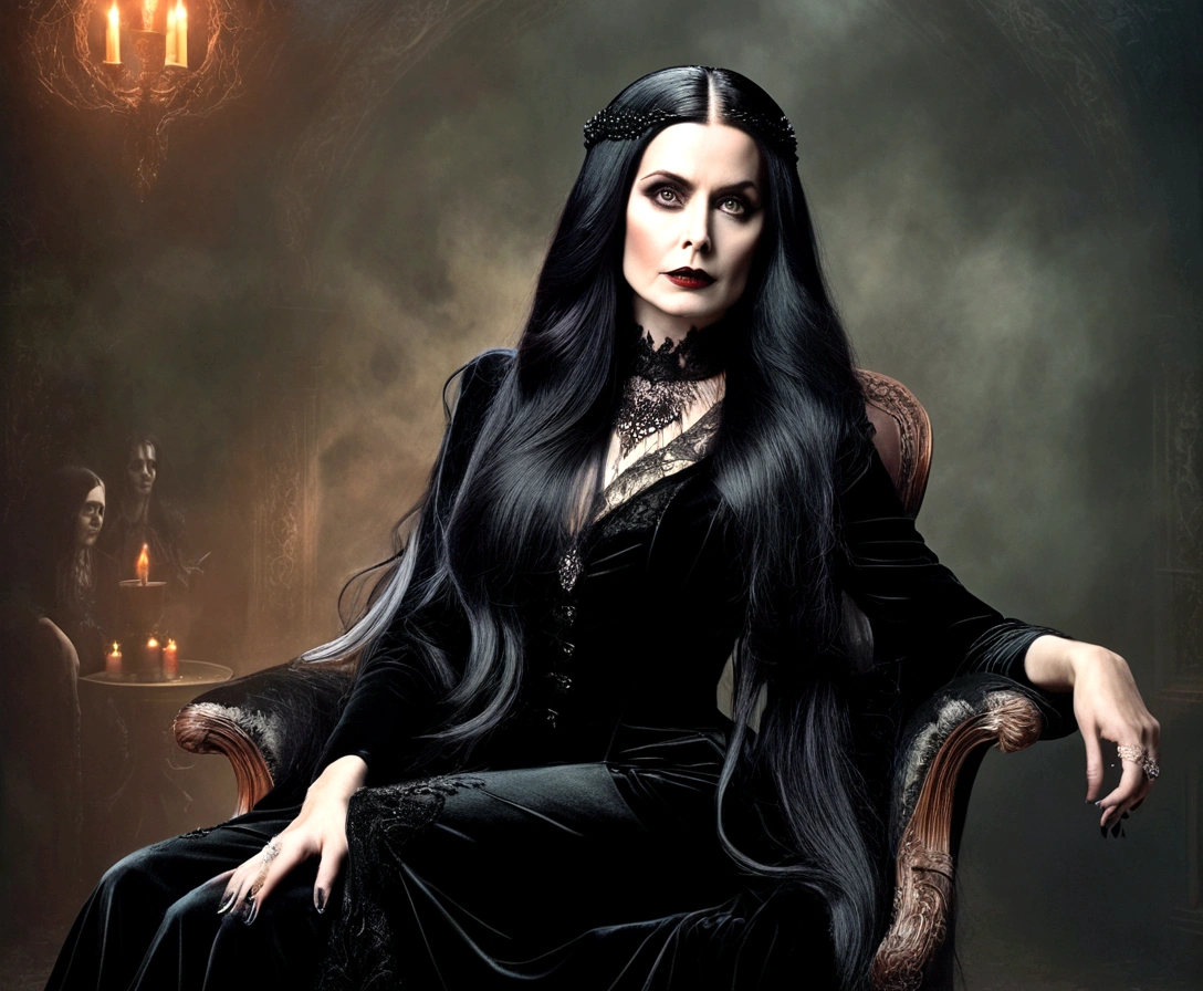 arafed woman sitting in a chair with long black hair, portrait of a dark witch, goth woman, mona lisa as a goth girl, morticia addams, long raven hair, gothic princess portrait, portrait of a lady vampire, creepy gothic portrait, an elegant gothic princess, dark goth queen, amy adams as morticia addams