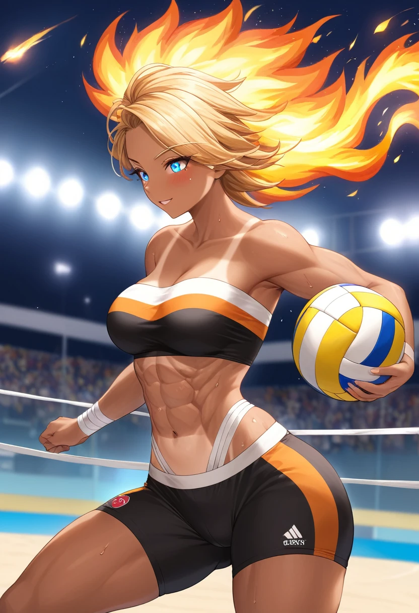 Prompt
detailed illustration, (front view), (side view),dynamic angle, ultra-detailed, illustration, clean line art, shading, anime, detailed eyes, detailed face, beautiful face, dramatic lighting, detailed illustration, dynamic angle, ultra-detailed, illustration, single woman
Fit, toned abs, ((volleyball shorts)), ((fundoshi breast wrap)), volleyball player, big round ass, big tits, caramel tan skin, dark skin tone, wide hips, narrow waist, thunder thighs, (blazing blonde hair), (glowing eyes), glowing sclera, muay thai wraps, small strong biceps, sweat, ((bandaged breasts)), flaming hair, hair is fire, flames rolling down skin, clothes catching on fire, embers, sweats fire, sweat is fire, tan lines, Hispanic, Latina, tight pants, bandage wrapped around chest