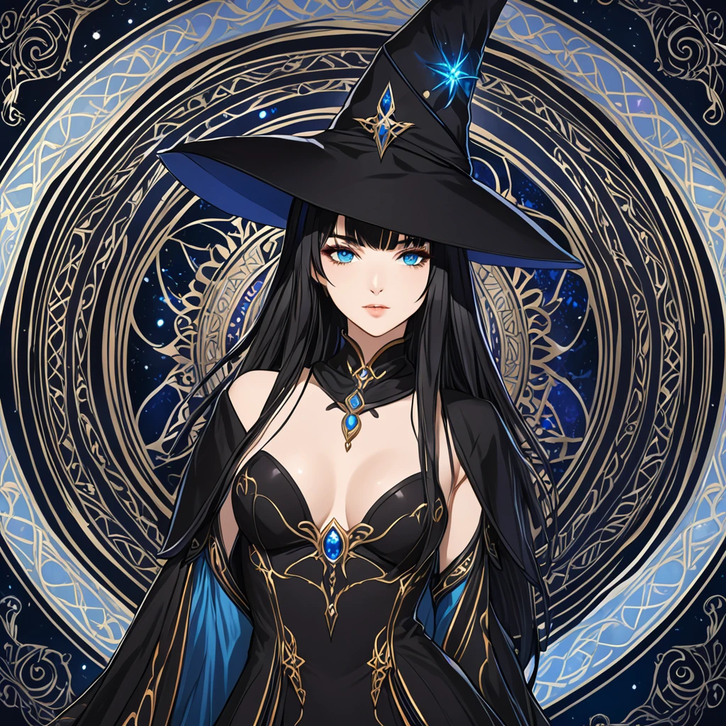 masterpiece, best quality, 1woman adult, female focus, solo, black hair, vibrant blue eyes, long hair, looking at viewer, closed mouth, bangs, Fantasy aesthetics, Highly detailed, shadowverse style, black attire, sorceress
