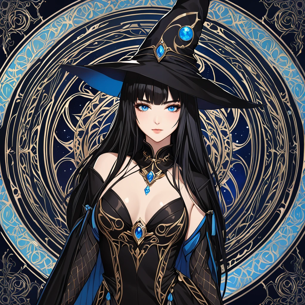 masterpiece, best quality, 1woman adult, female focus, solo, black hair, vibrant blue eyes, long hair, looking at viewer, closed mouth, bangs, Fantasy aesthetics, Highly detailed, shadowverse style, black attire, sorceress
