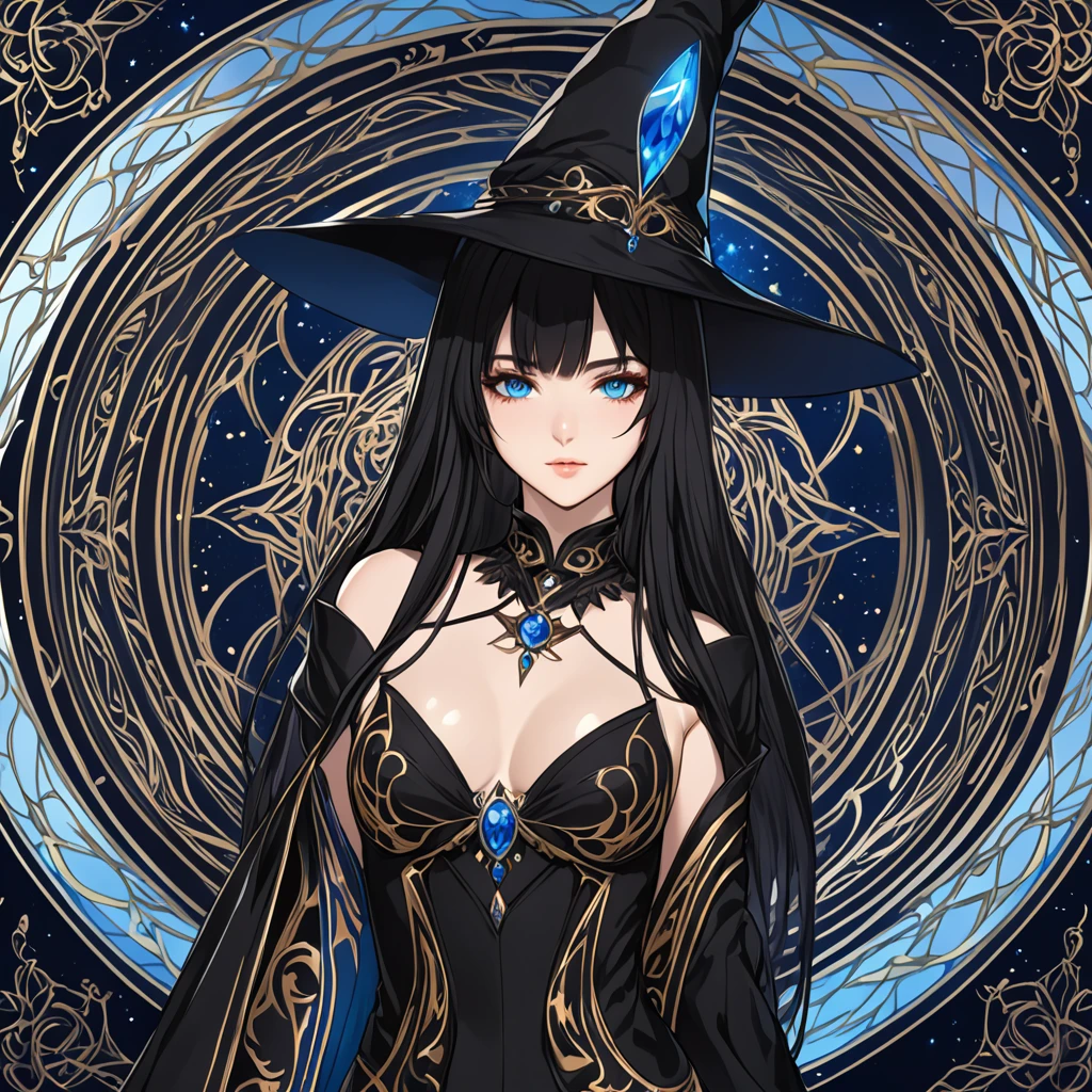 masterpiece, best quality, 1woman adult, female focus, solo, black hair, vibrant blue eyes, long hair, looking at viewer, closed mouth, bangs, Fantasy aesthetics, Highly detailed, shadowverse style, black attire, sorceress
