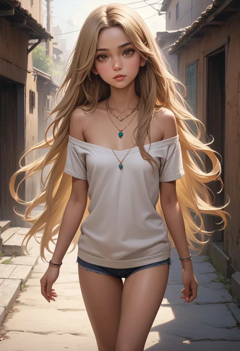 ((masterpiece,Highest quality;1.3,best illustration,realistic:0.8)),a Shouth Indian girl 16year old, solo, long hair, small breasts, looking at viewer, blonde hair, bare shoulders, brown eyes,gorgeous eyes,(very small head,toned body,slender body), jewelry, full body, necklace, off shoulder, sweater, lips, realistic, nose, flirting,