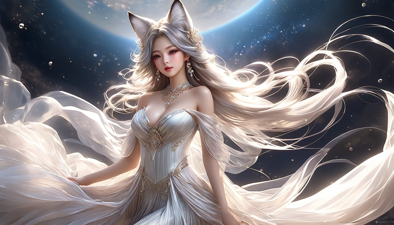 Woman in transparent dress,Viewer,(((Full breasts, Keeley University))),Slim waist,(Navel exposed,Bare waist), Long hair, extreme detailed details, Detailed fantasy art, Stunning character art, Beautiful and exquisite character art, Beautiful transparent dress, Very detailed, Girl wearing flowing Hanfu, Exquisite headpieces and jewellery,Crystal jewelry filigree, galaxy, Stunning visuals, (Dynamic Stripes, light rail:1.2), Vibrant colors,Long hair动漫女孩和fox, Beautiful platinum fox lady, 白毛fox, Beautiful character painting, Beautiful anime portrait, fox耳朵的女孩, a beautiful fox woman, Mystical artwork, Guweiz, by Ren Renfa, fox, Large Breasts,Full breasts,Golden ratio figure,Perfect body,Ultra wide-angle shooting,Full body shot,Body close-up,Full body shot,Wearing a pleated tulle skirt,Soft anime illustration, Soft dark background,Fujifilm XT3 Clear focus, f 5.6, High Detail, Clear focus, Dramatic, (Wearing openwork clothing), (Looking at the audience:1.8), (Natural light), (Tempting)translucent, Good velvet quality, Compared, Divine Light,, Silver gray hair, Sky background, Absolute Strength,Female angels,Girl in sexy silk,,Large Breasts,Full breasts,Golden ratio figure,Perfect body,Ultra wide-angle shooting,Full body shot,Body close-up,Full body shot, Wearing a tulle dress, Model shooting style, Large Breasts,Full breasts,Golden ratio figure,Perfect body,(Extremely detailed CG 8k wallpaper unit), The most beautiful artistic photos in the world, , 8K Ultra HD, ) On the big white bed,Lazy gesture,Charming and seductive expression,best quality,masterpiece,Ultra-high resolution,(Practical:1.4),original photo,Ultra-high resolution,White skin,Exquisite makeup,Long legs,Bright beautiful eyes,用深色眼影打造Exquisite makeup,
