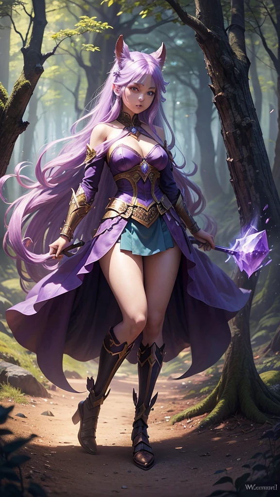 A magical warrior who uses magic in the mysterious Amethyst Forest. Wide perspective, see the scenery