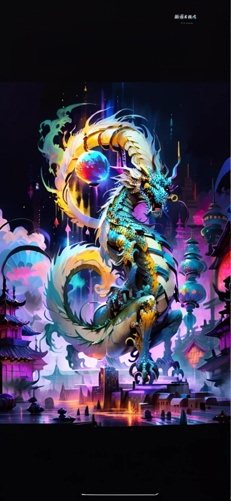 masterpiece, Ultra-high resolution, No humans, Intricate details, ff14style, painting of future cities on the moon, universe, performer, Intergalactic, planet, ((China Town,)) Bright colors, (length: 1), Yellow Eyes, cloud, scale, Oriental Dragon, Mouth open, 鋭いteeth, flight, horn, teeth, foot nail, tooth, in a fantastical otherworldly visual style,