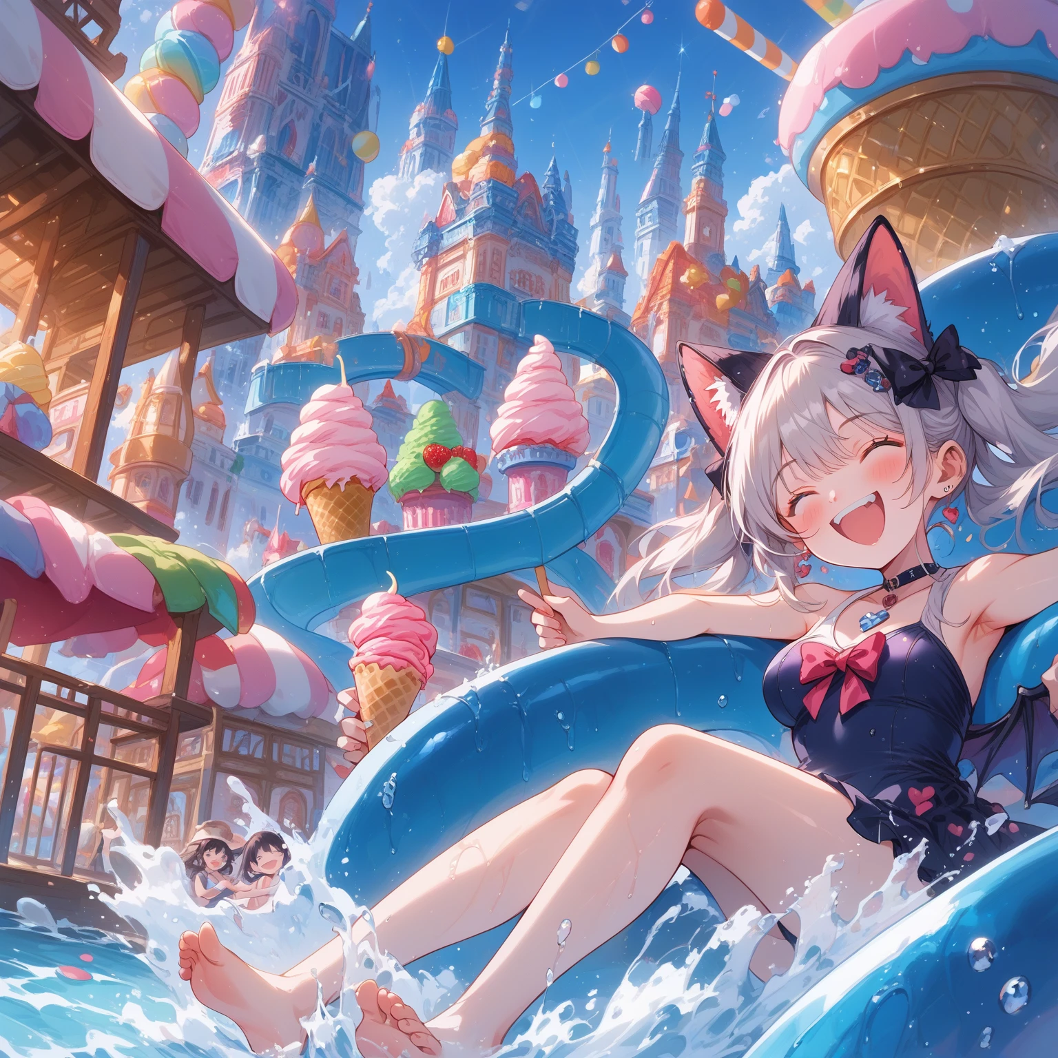 score_9, score_8_up, score_7_up, source_anime,masterpiece, best quality, high resolution, extremely detailed CG, absurdres, highres, A dreamy water playground, all the buildings are made of ice cream, the ice cream castle is colorful, and the girl in swimsuit is sliding down the water slide, very happy, neondskdrmsxl