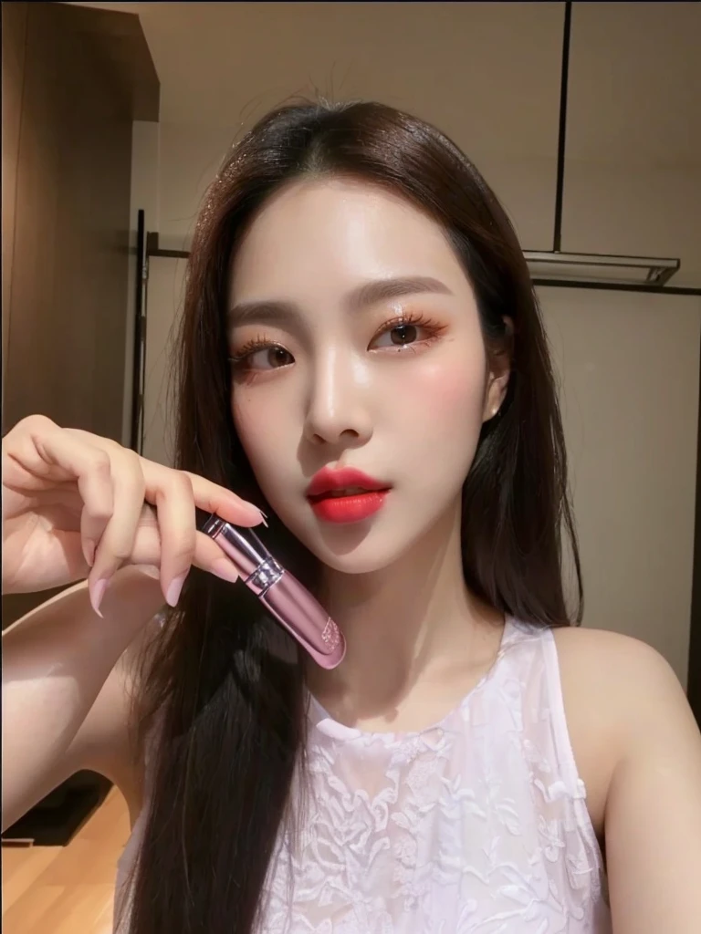 there is a woman holding a lipstick in her hand and a brush in her mouth, lipgloss, 18 yo, 8k selfie photograph, popular south korean makeup, putting on lipgloss, clear lips and high quality, popular korean makeup, full glossy lips, yanjun chengt, jossi of blackpink