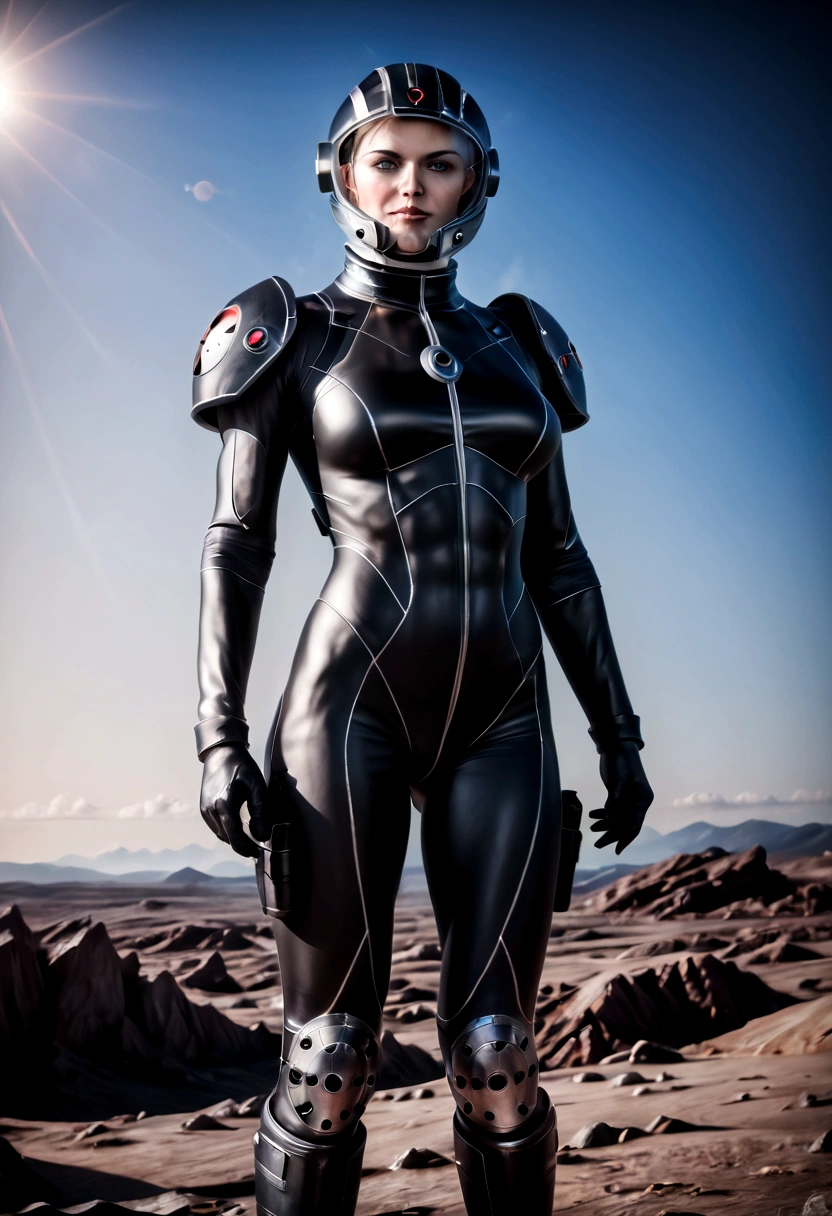 A female astronaut, extremely detailed and realistic, surrounded by gigantic starships engaged in an epic space battle, with detailed galactic conflict and photorealistic planets in the background, (best quality,4k,8k,highres,masterpiece:1.2),ultra-detailed,(realistic,photorealistic,photo-realistic:1.37),cinematic lighting,dramatic atmosphere,intense action,vibrant colors,dramatic pose,muscular body,highly detailed facial features,hyperrealistic space environment,large breasts,scifi,science fiction