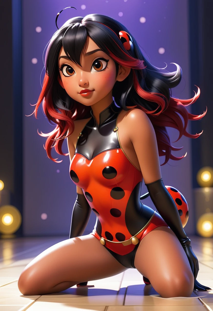 view from below, front view, 18 year old asian girl dressed as ladybug, (ladybug from Miraculous: Tales of Ladybug & Cat Noir:1.0), red lipstick, wearing tight sexy skimpy ladybug outfit, kneeling on the floor, full body, caramel skin, long wild black hair with purple highlights, toned legs, small natural breasts, slim waist, topless, exposed breasts, tiny black panties, looking away from the viewer, dark solid background, ladybug costume