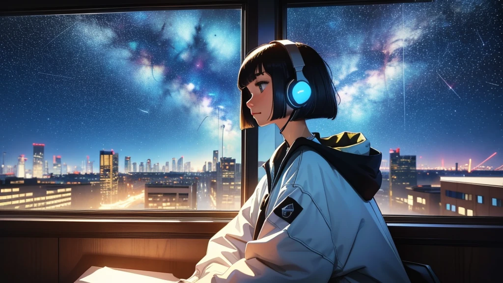 indoor, Wearing headphones, Studying in the room, Sit by the window, Contemplative posture, Look at the stars, head stuck to glass, landscape passing by at high speed, night travel, Beautiful starry sky, Colorful background futuristic city, a beautiful girl with, bob cut,Bangs, Ultra HD Portraits, (high quality) (Super detailed) Looking at the audience dressed in hip-hop style streetwear; different, Colorful,