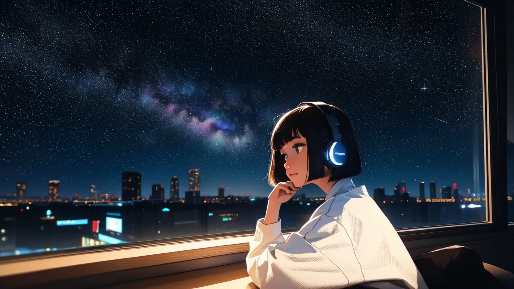 indoor, Wearing headphones, Studying in the room, Sit by the window, Contemplative posture, Look at the stars, head stuck to glass, landscape passing by at high speed, night travel, Beautiful starry sky, Colorful background futuristic city, a beautiful girl with, bob cut,Bangs, Ultra HD Portraits, (high quality) (Super detailed) Looking at the audience dressed in hip-hop style streetwear; different, Colorful,