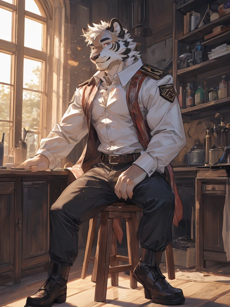 {{bara extremely handsome white tiger,}} {{white fur,}} white, wearing military like purple trench coat, purple trousers, white dress shirt and necktie, white fluffy furry body and limbs, loafers, very tall, very broad shoulders, narrow waist, muscular arms, massive pecs, purple eyes, very long legs,  sitting on swivel chair with legs spread, massive bulge, reading file, sophisticated hot look, full body, sunlight casting over, 3/4 view, best quality, high quality, silver earring on left ear, sultry smirk