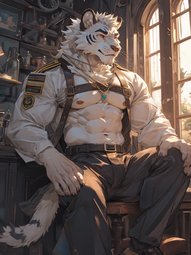 {{bara extremely handsome white tiger,}} {{white fur,}} white, wearing military like purple trench coat, purple trousers, white dress shirt and necktie, white fluffy furry body and limbs, loafers, very tall, very broad shoulders, narrow waist, muscular arms, massive pecs, purple eyes, very long legs,  sitting on swivel chair with legs spread, massive bulge, reading file, sophisticated hot look, full body, sunlight casting over, 3/4 view, best quality, high quality, silver earring on left ear, sultry smirk