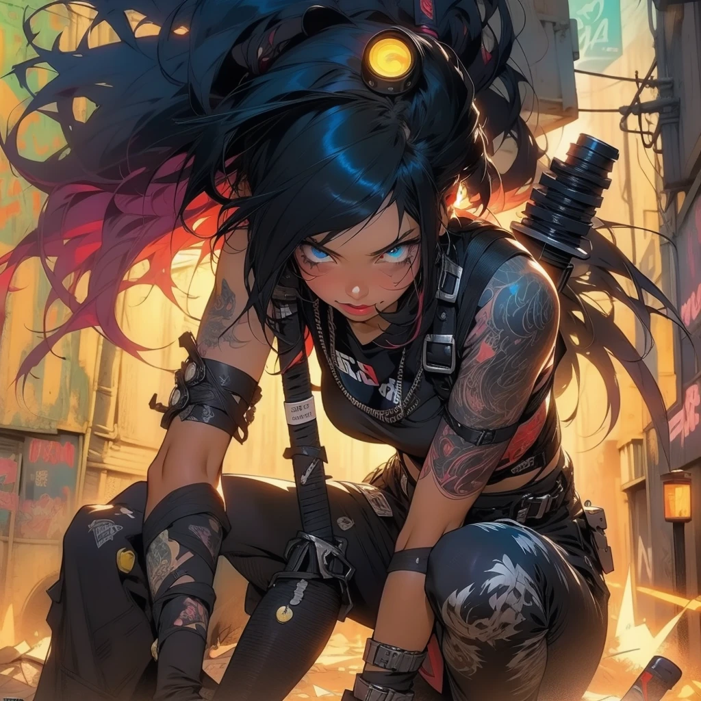 Ultra HD, anime realistic. Badass South Asian teen girl with short, windblown black hair and piercing electric blue eyes. Smirking confidently, she leans against a graffiti-covered wall in a neon-lit cyberpunk alleyway. Clad in a black tactical outfit with exposed arm guards, she grips a glowing katana at her side.