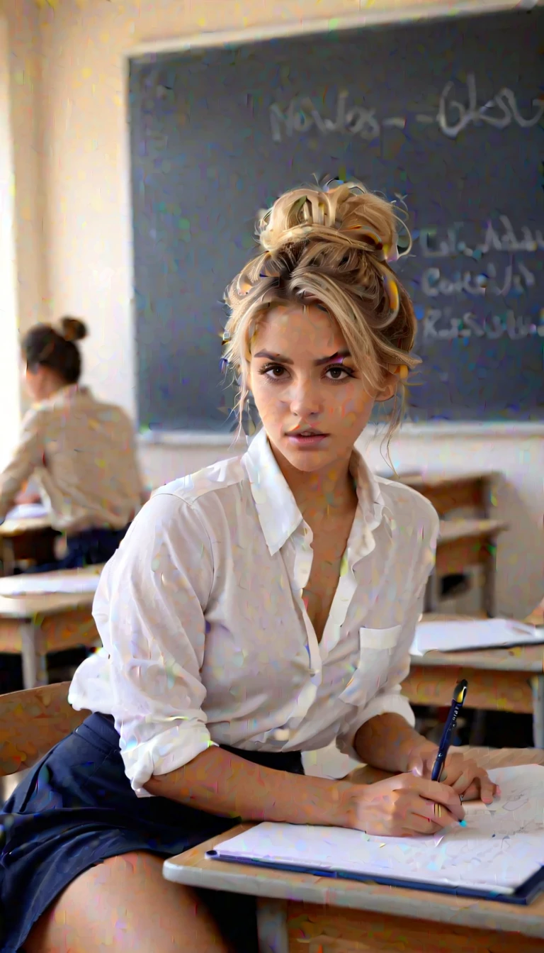 photo of stunning Moroccan woman with tousled hair, flirty, sits in the classroom, drawing on a blackboard, Short navy blue skirt, unbuttoned white blouse, messy bun, Camera Above, voyeur, intimate, Warm glow on her face and body, computer, Concentrated, skin and blonde hair, highly detailed skin, Partially nude. cinematic 4k epic detailed 4k epic detailed photo