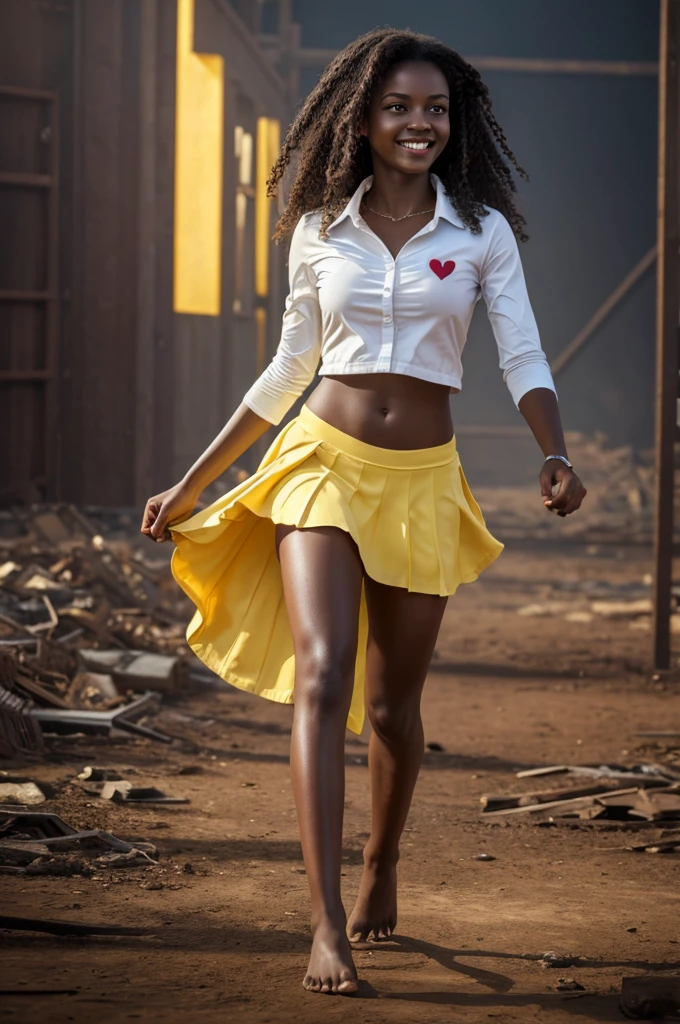 ((high quality)), ((masterpiece)), 8K, 1 girl, Dark Skin, Yellow eyes, A bright smile, extremely detailed CG unity 8K wallpaper, Sharp Teeth, Looking at the audience, Tennis Skirt, White shirt, barefoot , whole body, Power Surrounded, In good health, long, messy hair, Post-apocalyptic, heart shaped hands