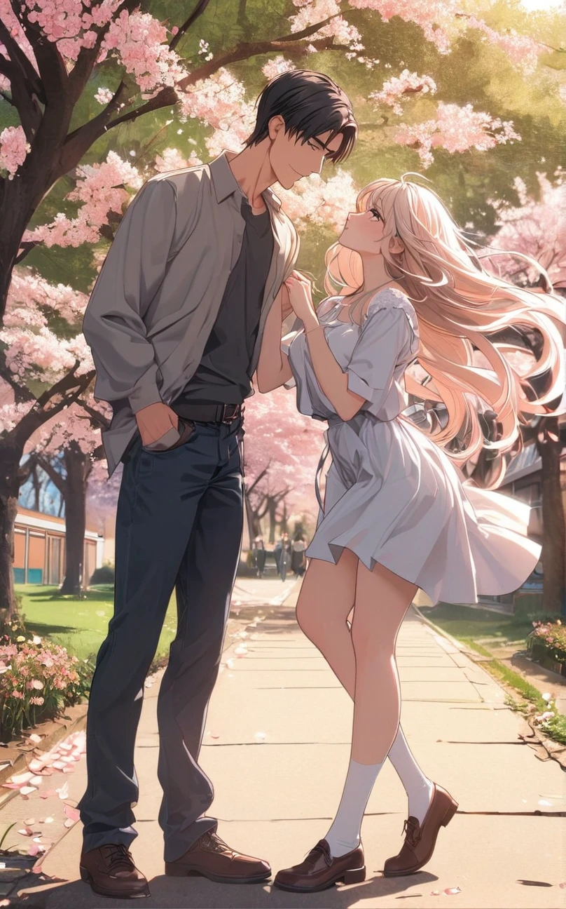 Vector, 8k, high resolution, high quality, romantic couple, lovers , just like in manhwa , young couple, high school, college, rich, romance, eyes open and looking at each other, about to kiss, the couple are standing under a cherry blossom tree in the school garden and the girl was leaning over the boy, flower background, the girl with flowing hair and standing on tiptoes towards the handsome guy