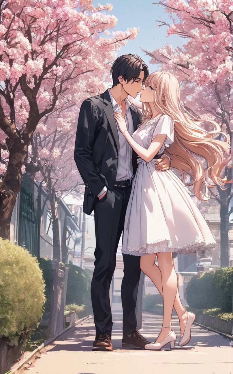 Vector, 8k, high resolution, high quality, romantic couple, lovers , just like in manhwa , young couple, high school, college, rich, romance, eyes open and looking at each other, about to kiss, the couple are standing under a cherry blossom tree in the school garden and the girl was leaning over the boy, flower background, the girl with flowing hair and standing on tiptoes towards the handsome guy