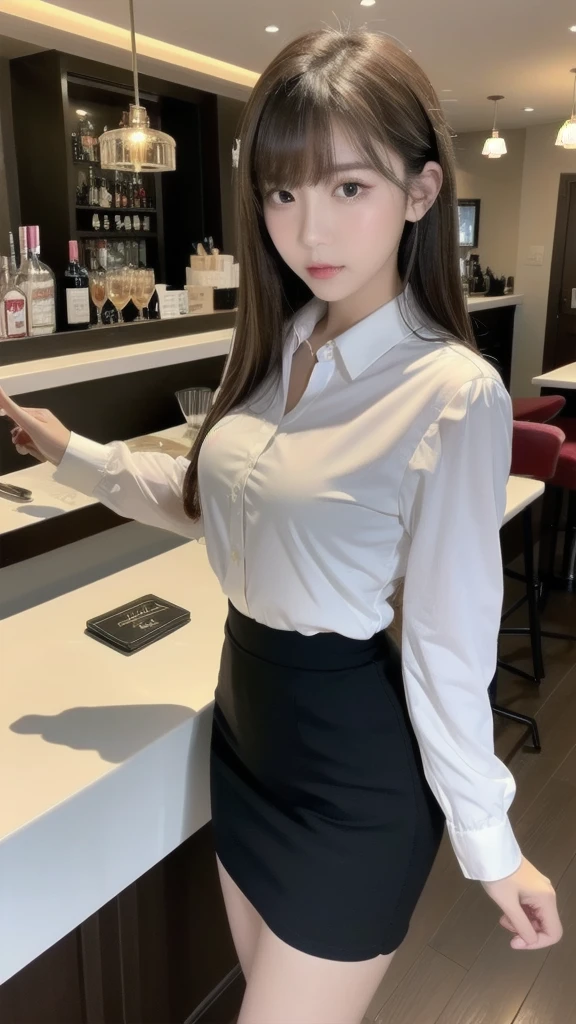 (Highest quality, 8K, Tabletop, Ultra HD: 1.3), One Girl, ,Light brown hair, Blunt bangs, Hair behind the ear, Hair that falls over the shoulders, Long Hair, Slim figure, Ultra Fine Face, Delicate lips, Beautiful Eyes, double eyelid, lipstick, Light blush ,Iris ,Perfect glowing skin,Perfect Skin,White skin,sweating,An inviting gaze, chest,Ultra-thin needle, Very thin fingers, White collared shirt, Black tight skirt , Beautiful feet ,Low heels,In the middle of a date,Full Body Lesbian,Are standing,bar counter