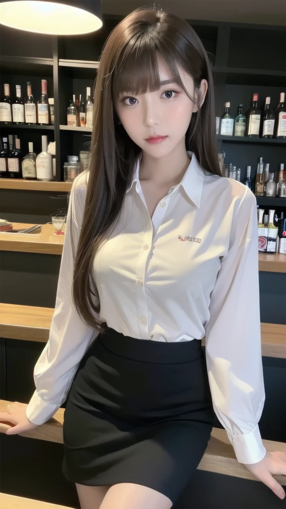 (Highest quality, 8K, Tabletop, Ultra HD: 1.3), One Girl,  ,Light brown hair, Blunt bangs, Hair behind the ear, Hair that falls over the shoulders, Long Hair,  Slim figure, Ultra Fine Face, Delicate lips, Beautiful Eyes, double eyelid, lipstick, Light blush ,Iris ,Perfect glowing skin,Perfect Skin,White skin,sweating,An inviting gaze, chest,Ultra-thin needle, Very thin fingers, White collared shirt, Black tight skirt , Beautiful feet ,Low heels,In the middle of a date,Full Body Lesbian,Are standing,bar counter