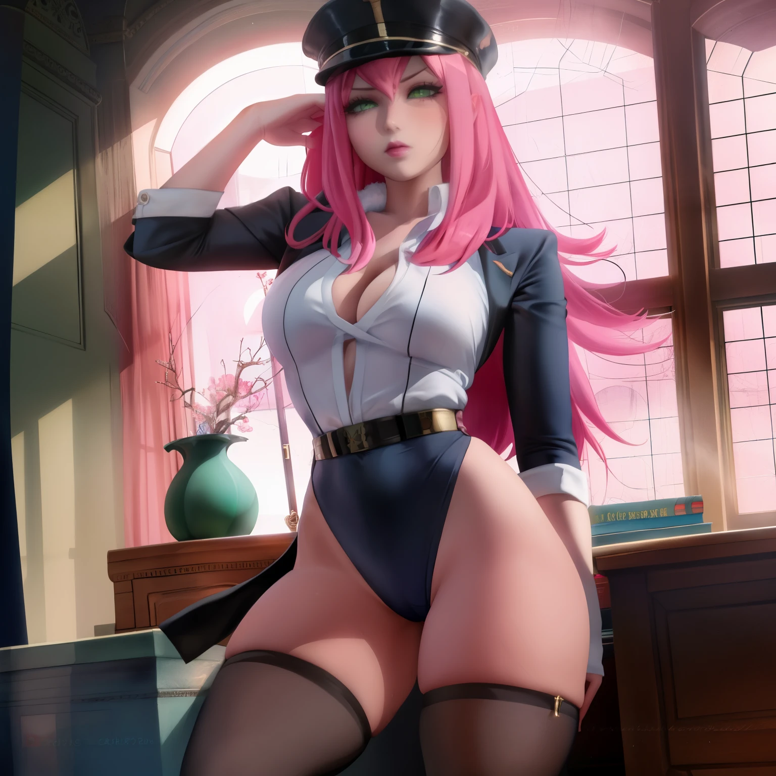 masterpiece, ((ultra detailed background, delicate pattern, intricate detail)), (highly detailed, fine details), best quality, ((medium breasts, slim girl)), Princia, 1girl, solo, long hair, military hat, cap, fur trim, military uniform, green eyes, ((pink hair)), peaked cap, (complex detailed background, complex detailed background, inside, castle room environment, medieval castle, gray walls, window, bookshelf),  ((cowboy shot)),