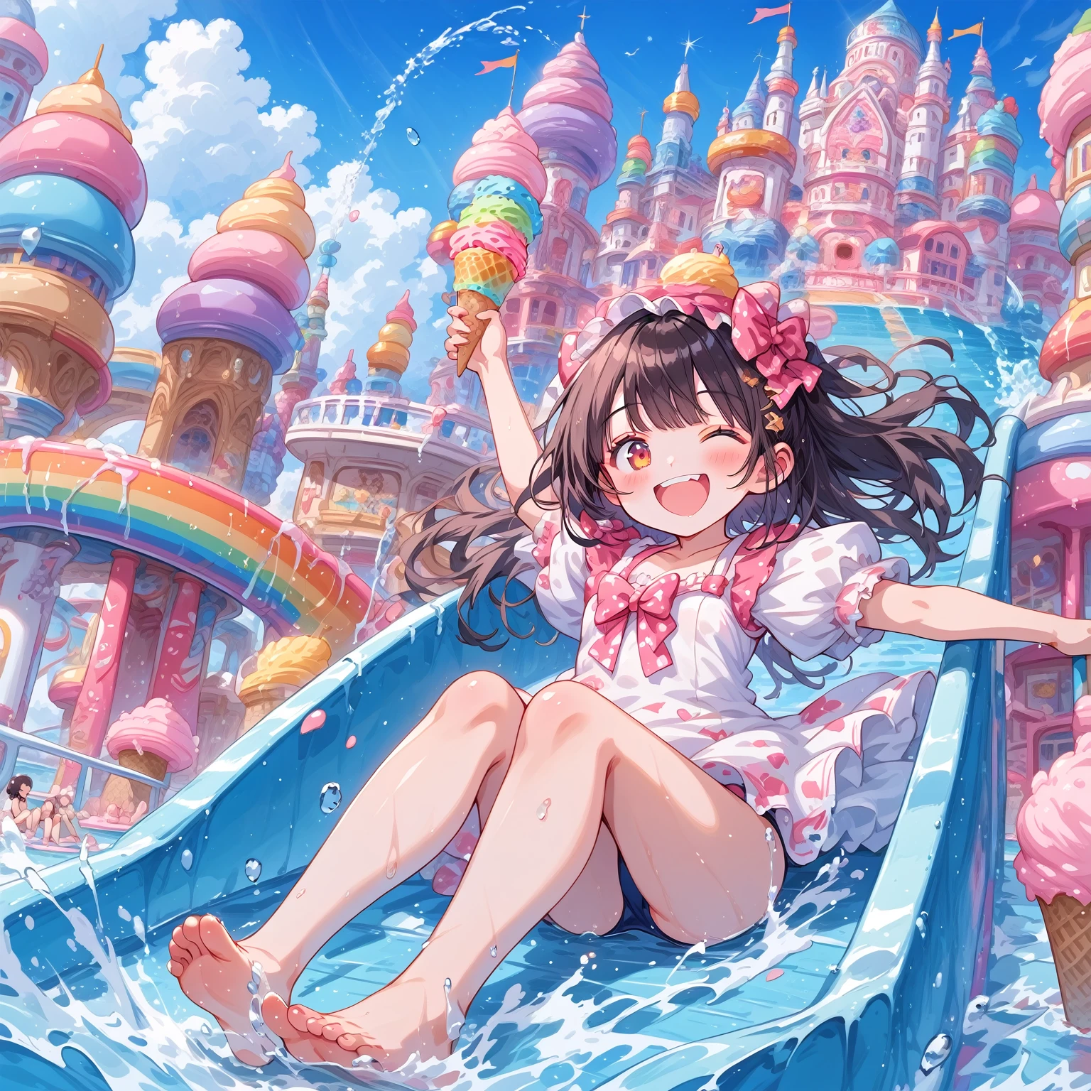 score_9, score_8_up, score_7_up, source_anime,masterpiece, best quality, high resolution, extremely detailed CG, absurdres, highres, A dreamy water playground, all the buildings are made of ice cream, the ice cream castle is colorful, and the girl in swimsuit is sliding down the water slide, very happy, neondskdrmsxl