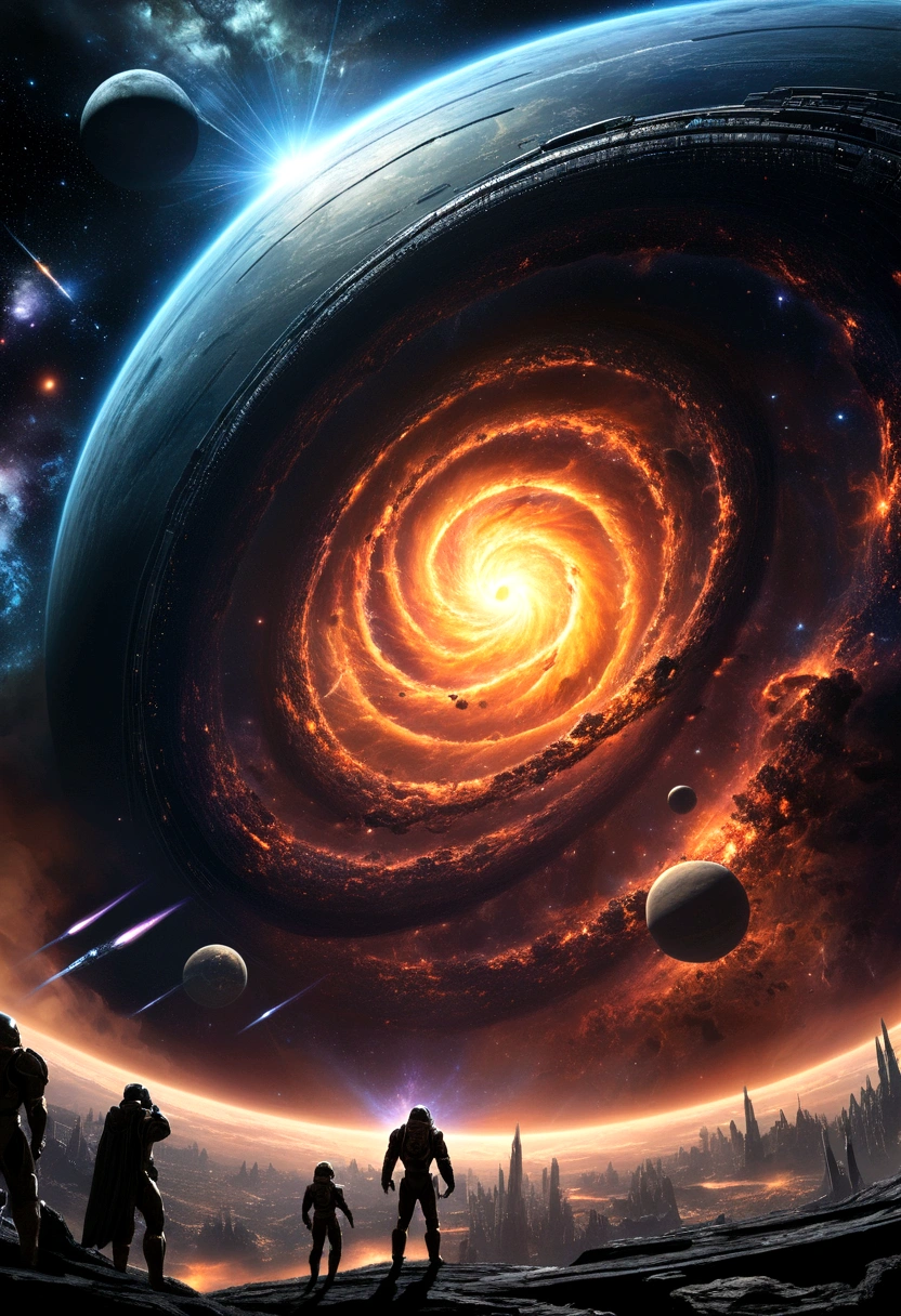 A gigantic and inscrutable celestial battle, cosmic scale space war, epic intergalactic struggle, massive celestial entities clashing, dramatic cosmic confrontation, glowing alien technology, intricate futuristic machinery, swirling cosmic energies, ominous shadowy celestial silhouettes, vast interstellar vistas, cinematic dramatic lighting, hyper detailed rendering, photorealistic digital art, muted color palette, moody atmospheric tones, intricate intricate sci-fi design, seamless 3D CGI, masterfully crafted digital painting