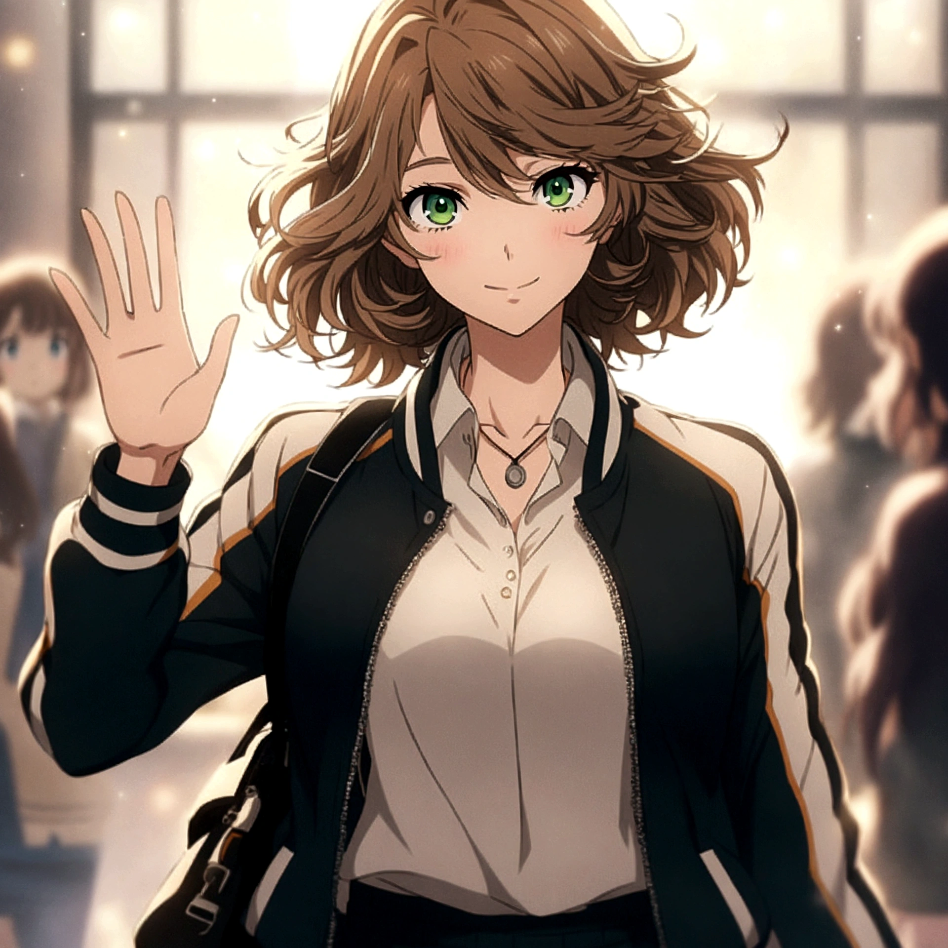 anime girl with brown hair and green eyes waving, cute anime high school girl, anime look of a beautiful girl, anime character detailed art, cute anime girl, female protagonist 👀 :8, an anime girl, attractive anime girl, anime portrait , female anime character, soft anime cg art, cute anime girl, anime young man, haikyuu digital art