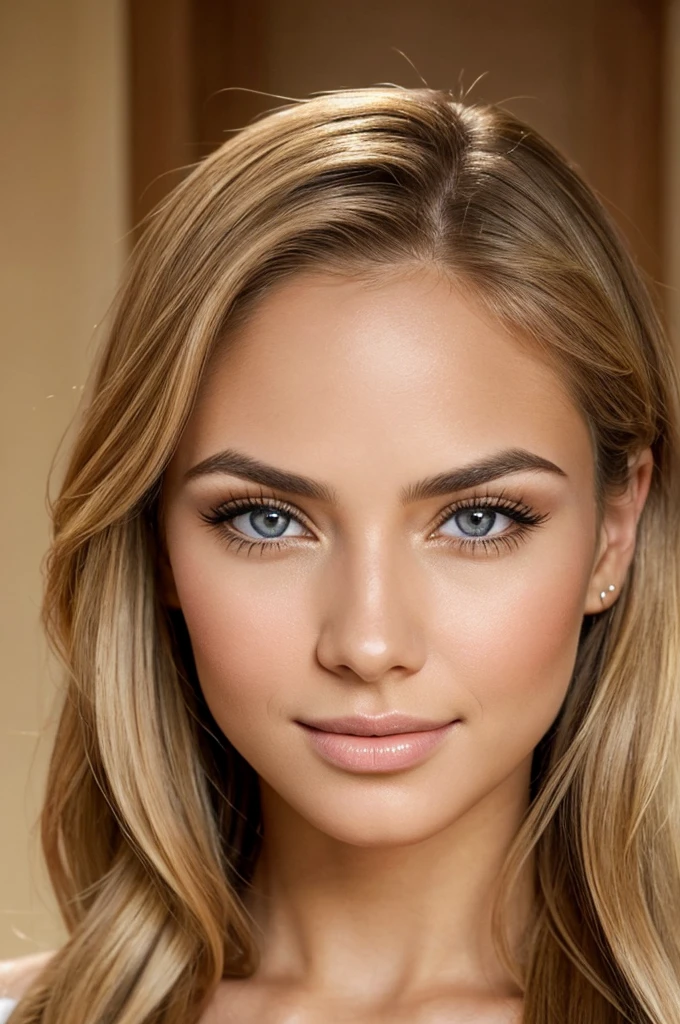 high resolution photo frontal portrait of a woman that has a classically beautiful face with delicate, feminine features. Her most striking attributes are her long, flowing blonde hair and captivating honey-colored eyes. She has large, expressive eyes with long, dark eyelashes and warm, light brown irises flecked with gold. Gabriela has high, sculpted cheekbones, a small, straight nose, and full, pouty lips. Her eyebrows are perfectly shaped and groomed, and she has a heart-shaped face with a strong jawline and slightly pointed chin. Overall, Gabriela radiates beauty, confidence and warmth, with a genuine smile that lights up her face and draws people in, style raw