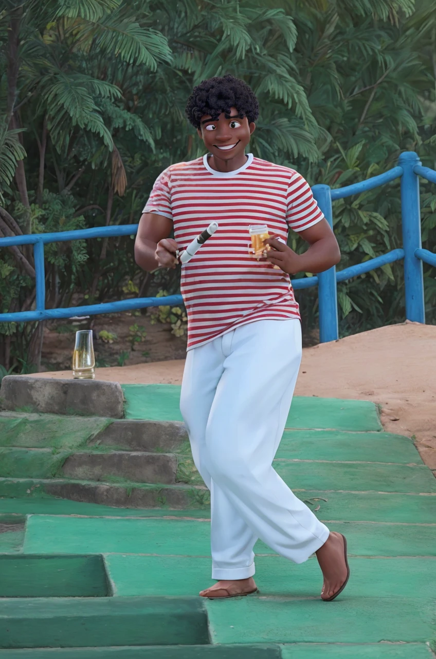 Illustration of a black MAN, Grinning, with black Panama hat, horizontally striped t-shirt in white and red, White pants, holding a glass of beer and a cane, next to a black woman, Grinning com chapéu Panamá branco, long curly hair with a horizontally striped blouse in white and red, long white skirt with seven red stripes with a cigarette in her hand and a glass of beer