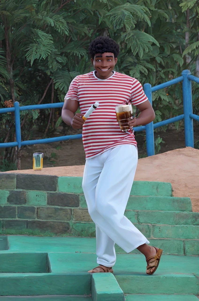 Illustration of a black MAN, Grinning, with black Panama hat, horizontally striped t-shirt in white and red, White pants, holding a glass of beer and a cane, next to a black woman, Grinning com chapéu Panamá branco, long curly hair with a horizontally striped blouse in white and red, long white skirt with seven red stripes with a cigarette in her hand and a glass of beer
