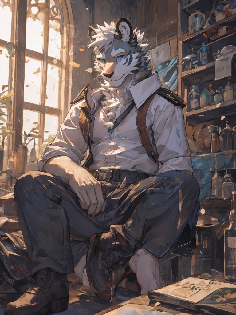 {{bara extremely handsome white tiger,}} {{white fur,}} white, wearing military like purple trench coat, purple trousers, white dress shirt and necktie, white fluffy furry body and limbs, loafers, very tall, very broad shoulders, narrow waist, muscular arms, massive pecs, purple eyes, very long legs, sitting on swivel chair with legs spread, massive bulge, reading file, sophisticated hot look, full body, sunlight casting over, 3/4 view, best quality, high quality, silver earring on left ear, sultry smirk