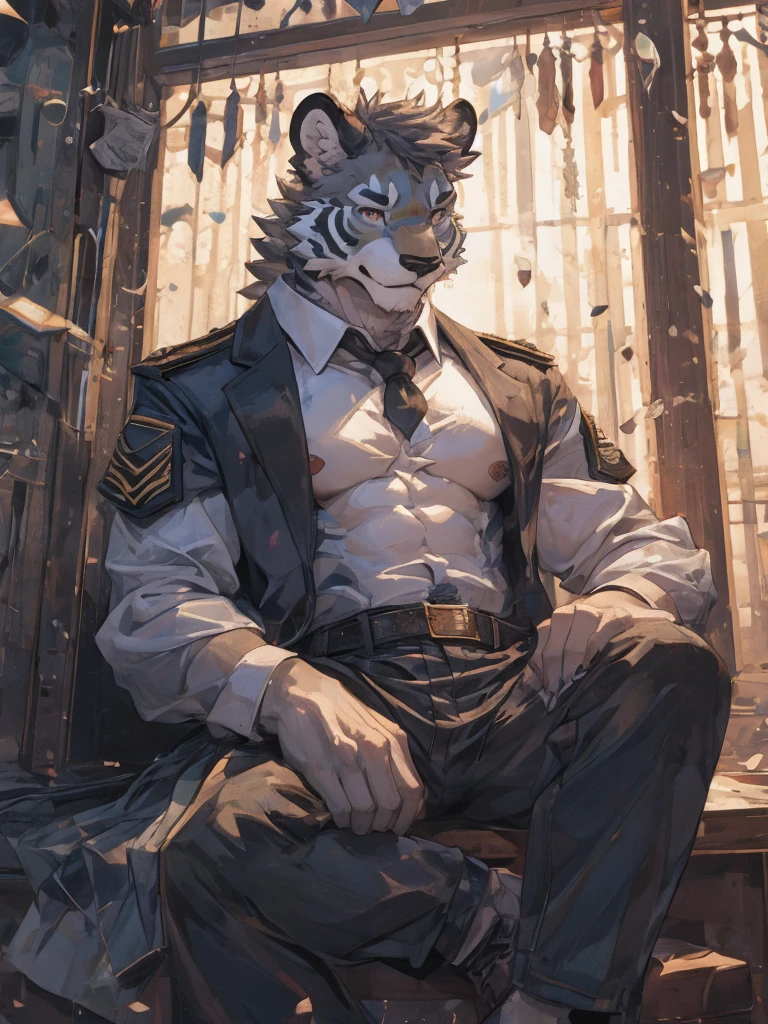 {{bara extremely handsome white tiger,}} {{white fur,}} white, wearing military like purple trench coat, purple trousers, white dress shirt and necktie, white fluffy furry body and limbs, loafers, very tall, very broad shoulders, narrow waist, muscular arms, massive pecs, purple eyes, very long legs, sitting on swivel chair with legs spread, massive bulge, reading file, sophisticated hot look, full body, sunlight casting over, 3/4 view, best quality, high quality, silver earring on left ear, sultry smirk