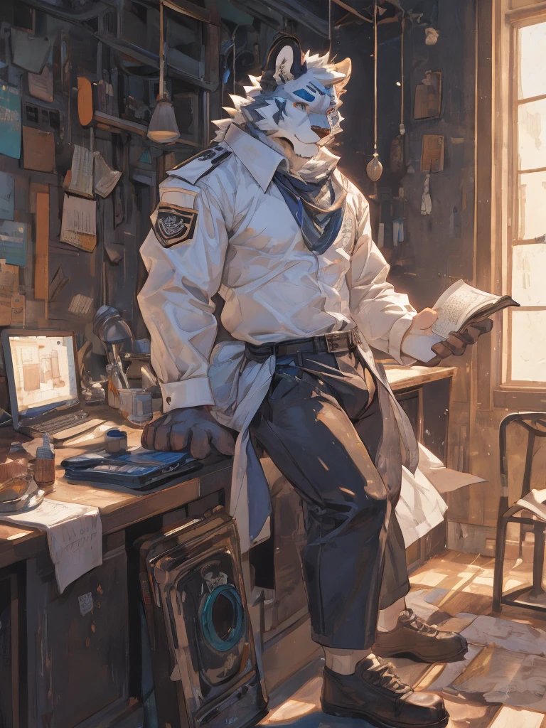 {{bara extremely handsome white tiger,}} {{white fur,}} white, wearing military like purple trench coat, purple trousers, white dress shirt and necktie, white fluffy furry body and limbs, loafers, very tall, very broad shoulders, narrow waist, muscular arms, massive pecs, purple eyes, very long legs, sitting on swivel chair with legs spread, massive bulge, reading file, sophisticated hot look, full body, sunlight casting over, 3/4 view, best quality, high quality, silver earring on left ear, sultry smirk