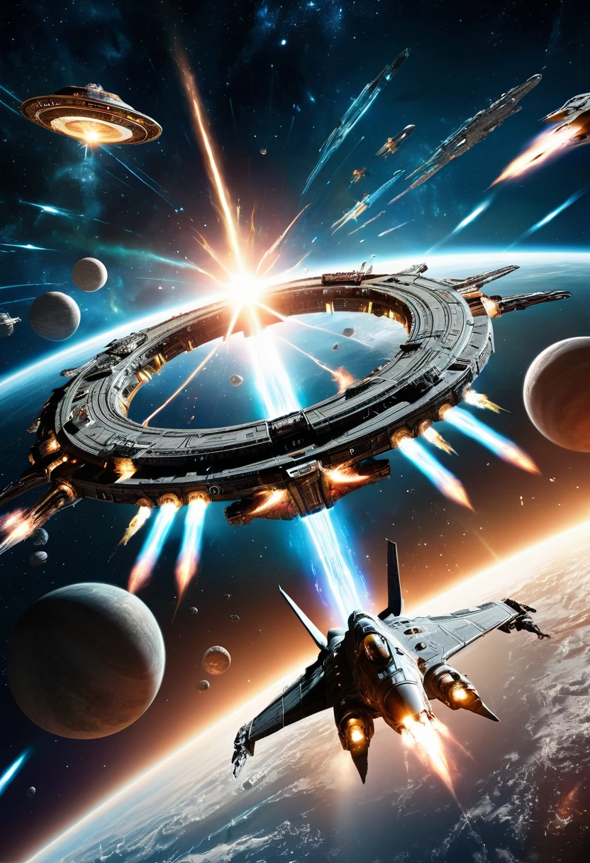 (Space War), sci-fi style, a metallic spacecraft is passing through a wormhole, with unknown galaxies shining in the distance. Enemy ships are still chasing behind, with stars and wormholes in the background, (panoramic view), award-winning, cinematic still, emotional, vignette, dynamic, vivid, (masterpiece, best quality, Professional, perfect composition, very aesthetic, absurdres, ultra-detailed, intricate details:1.3)