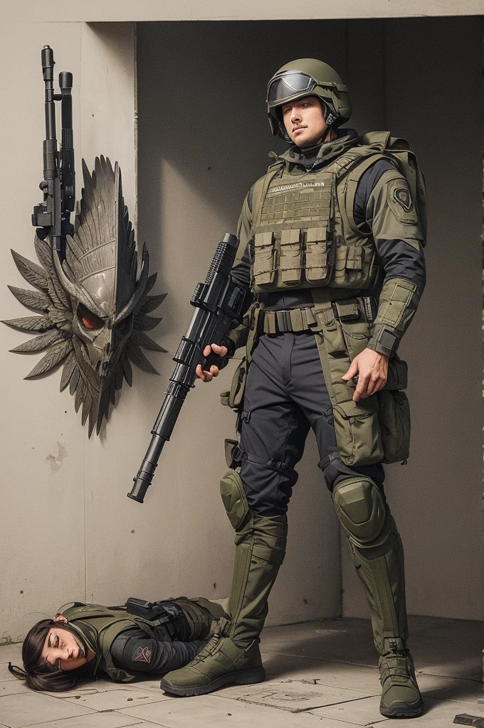 Archangel Gabriel, using a ballistic vest, pointing a rifle, Stepping on the Demon's Head, scketch style