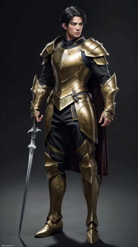 (((best quality))), (((ultra-detailed))), masterpiece, 8k, HD quality, add Details, 1boy, armor, full body armor, green and gold armor, black hair, blue eyes, shoulder pads, spear (weapon), masterpiece, best quality, highres, looking at viewer, full body, wide view,long shoot, standing, extremely detailed armor, intricate details, ultraquality, black background.