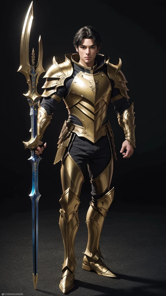 (((best quality))), (((ultra-detailed))), masterpiece, 8k, HD quality, add Details, 1boy, armor, full body armor, green and gold armor, black hair, blue eyes, shoulder pads, spear (weapon), masterpiece, best quality, highres, looking at viewer, full body, wide view,long shoot, standing, extremely detailed armor, intricate details, ultraquality, black background.
