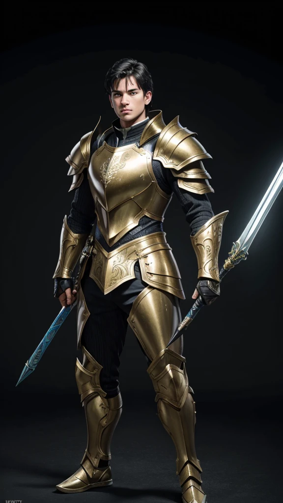 (((best quality))), (((ultra-detailed))), masterpiece, 8k, HD quality, add Details, 1boy, armor, full body armor, green and gold armor, black hair, blue eyes, shoulder pads, spear (weapon), masterpiece, best quality, highres, looking at viewer, full body, wide view,long shoot, standing, extremely detailed armor, intricate details, ultraquality, black background.