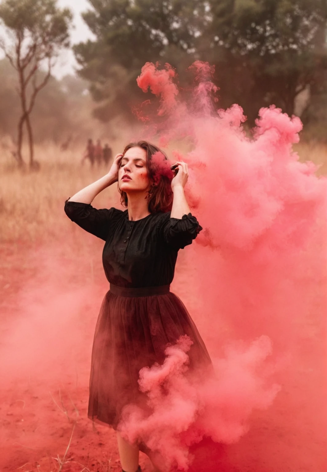 araffe woman in black dress standing in a field of red smoke, thick dust and red tones, red smoke, with smoke, red mist, pink smoke, red fog on the ground, red fog, smoke grenades, red - toned mist, smoke grenade, by Julia Pishtar, red mood in background, in front of smoke behind